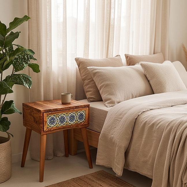 Mid-Century Modern Wooden Side Table - Boho Accent Nightstand with Tile Drawer