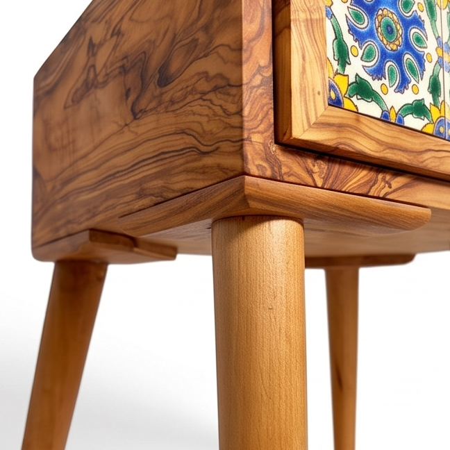 Mid-Century Modern Wooden Side Table - Boho Accent Nightstand with Tile Drawer