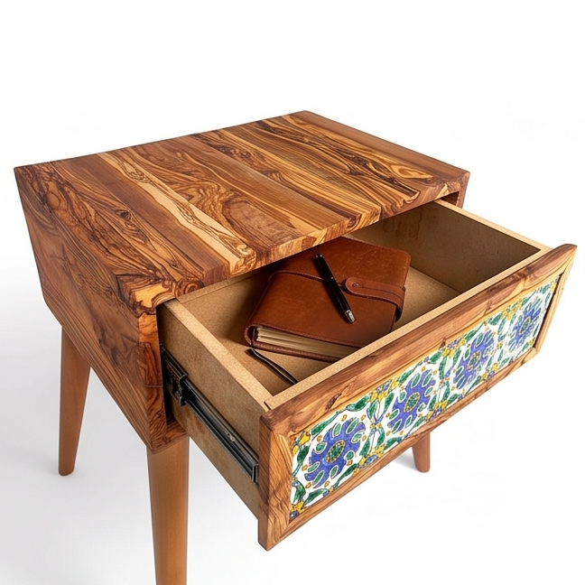 Mid-Century Modern Wooden Side Table - Boho Accent Nightstand with Tile Drawer