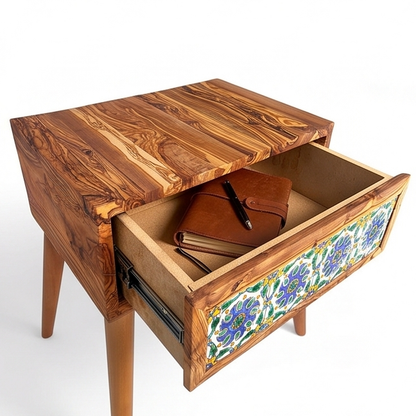 Mid-Century Modern Wooden Side Table - Boho Accent Nightstand with Tile Drawer
