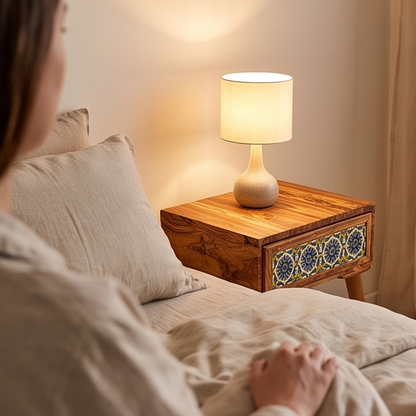 Mid-Century Modern Wooden Side Table - Boho Accent Nightstand with Tile Drawer