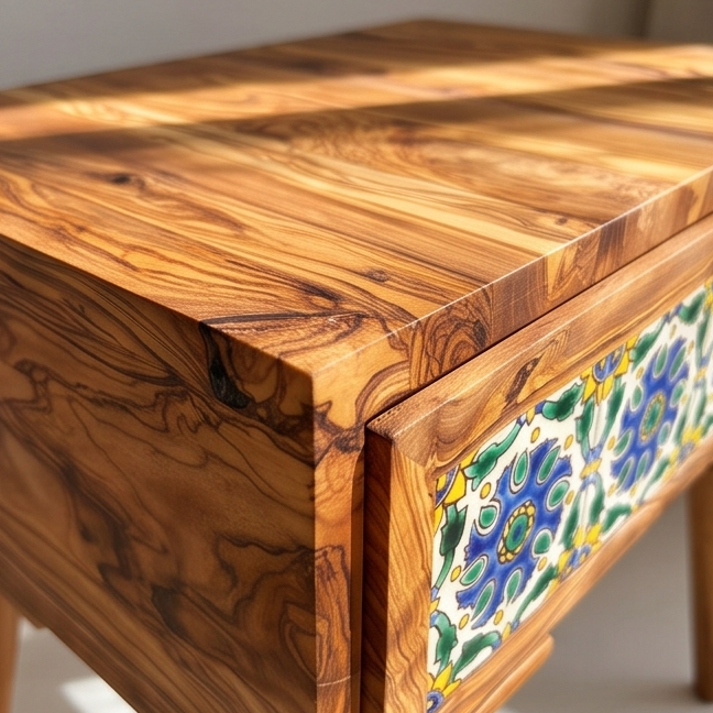Mid-Century Modern Wooden Side Table - Boho Accent Nightstand with Tile Drawer