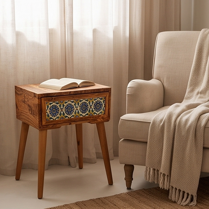 Mid-Century Modern Wooden Side Table - Boho Accent Nightstand with Tile Drawer
