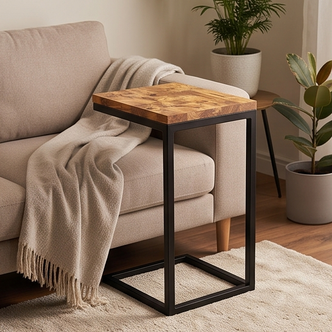 Luxury Olive Wood C-Shaped Side Table - Modern Slide Under Sofa Accent Table