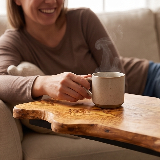 Luxury Live Edge Waterfall C-Table - Modern Slide Under Wood Sofa Side Table