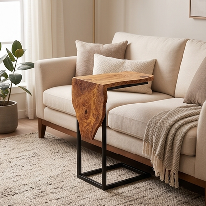Luxury Live Edge Waterfall C-Table - Modern Slide Under Wood Sofa Side Table