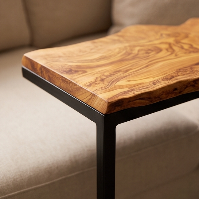 Luxury Live Edge Waterfall C-Table - Modern Slide Under Wood Sofa Side Table