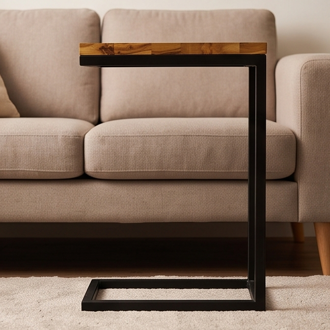 Luxury Olive Wood C-Shaped Side Table - Modern Slide Under Sofa Accent Table