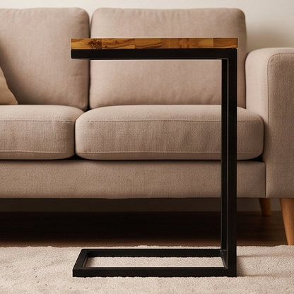 Luxury Olive Wood C-Shaped Side Table - Modern Slide Under Sofa Accent Table