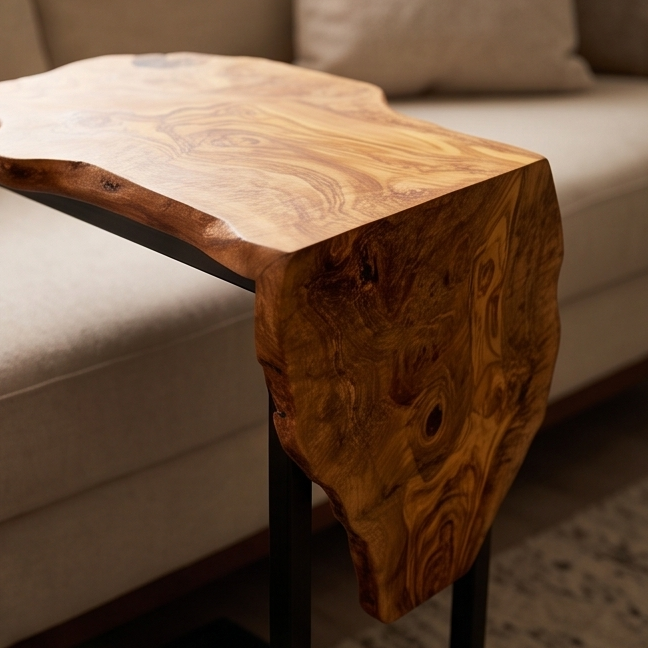 Luxury Live Edge Waterfall C-Table - Modern Slide Under Wood Sofa Side Table