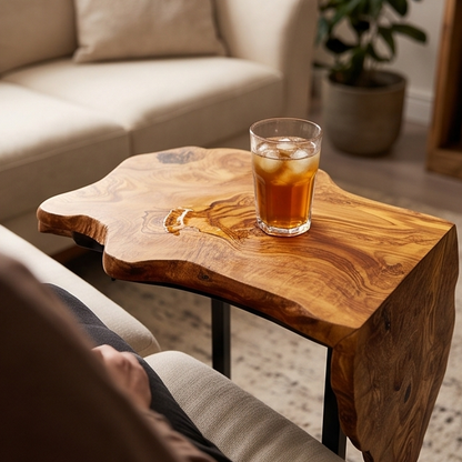 Luxury Live Edge Waterfall C-Table - Modern Slide Under Wood Sofa Side Table
