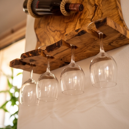 Bespoke Live-Edge Olive Wood Wall Wine Display & Sculptural Goblet Rack