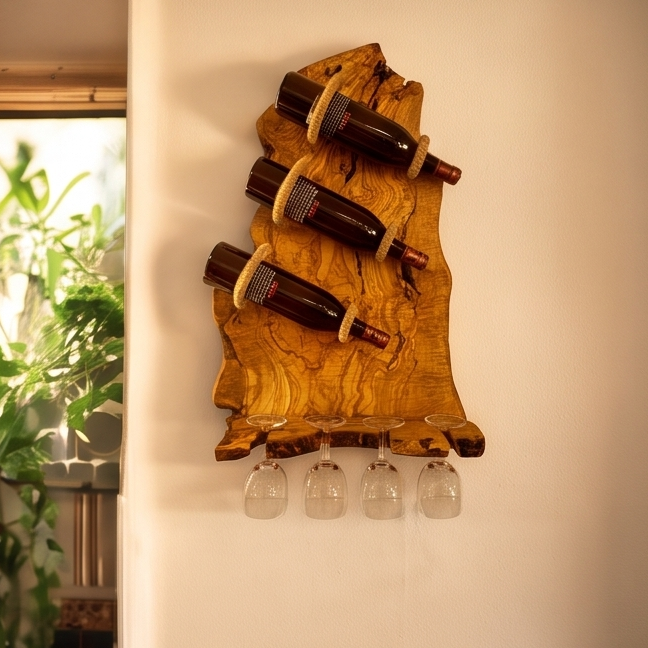 Bespoke Live-Edge Olive Wood Wall Wine Display & Sculptural Goblet Rack