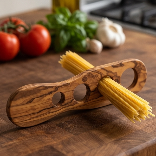Mesure à Spaghetti en Bois d'Olivier Faite à la Main - Gadget de Portionnement de Pâtes à 4 Trous