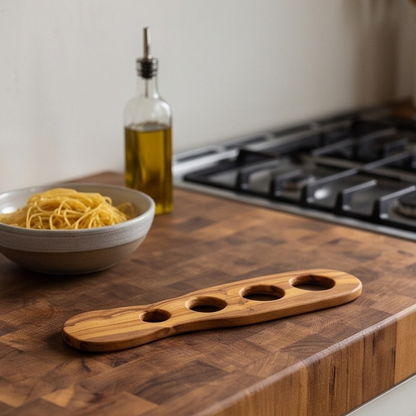 Mesure à Spaghetti en Bois d'Olivier Faite à la Main - Gadget de Portionnement de Pâtes à 4 Trous