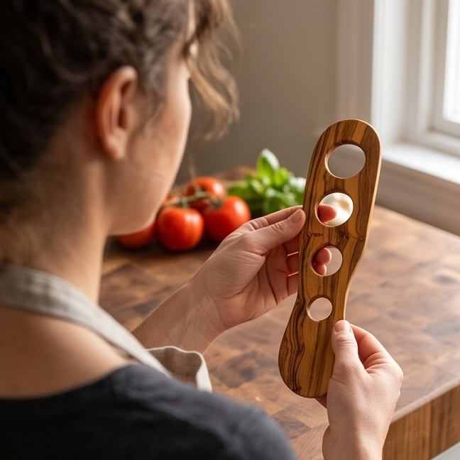 Mesure à Spaghetti en Bois d'Olivier Faite à la Main - Gadget de Portionnement de Pâtes à 4 Trous