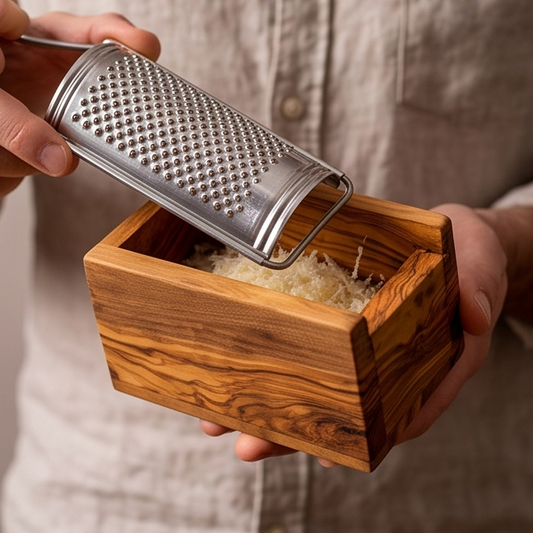 Handcrafted Olive Wood Cheese Grater Box - Manual Parmesan Shredder Catcher