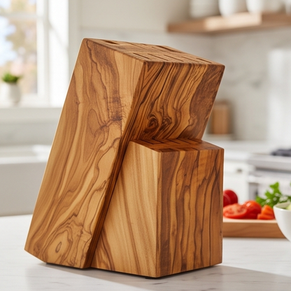 Bloc de couteaux artisanal en bois d'olivier - Organisateur de comptoir universel