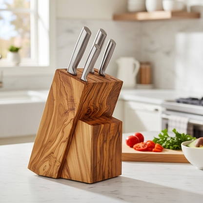 Bloc de couteaux artisanal en bois d'olivier - Organisateur de comptoir universel