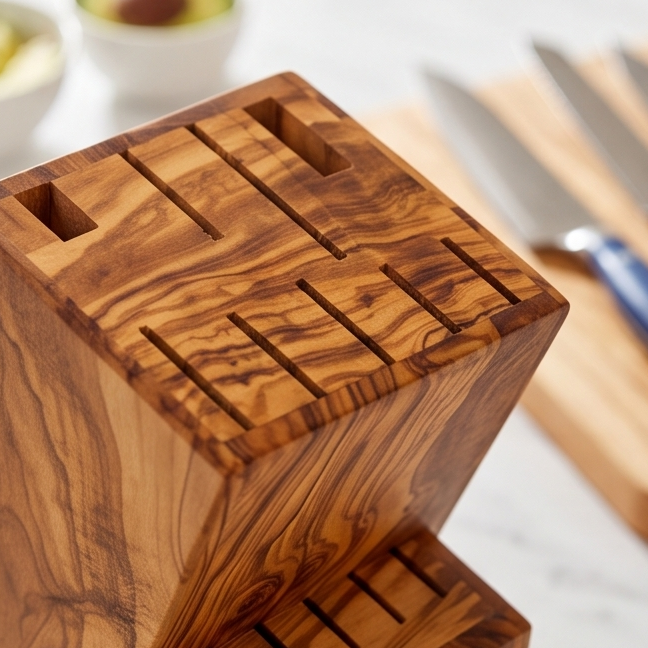 Bloc de couteaux artisanal en bois d'olivier - Organisateur de comptoir universel