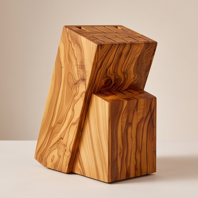 Bloc de couteaux artisanal en bois d'olivier - Organisateur de comptoir universel
