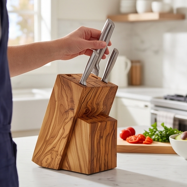 Bloc de couteaux artisanal en bois d'olivier - Organisateur de comptoir universel