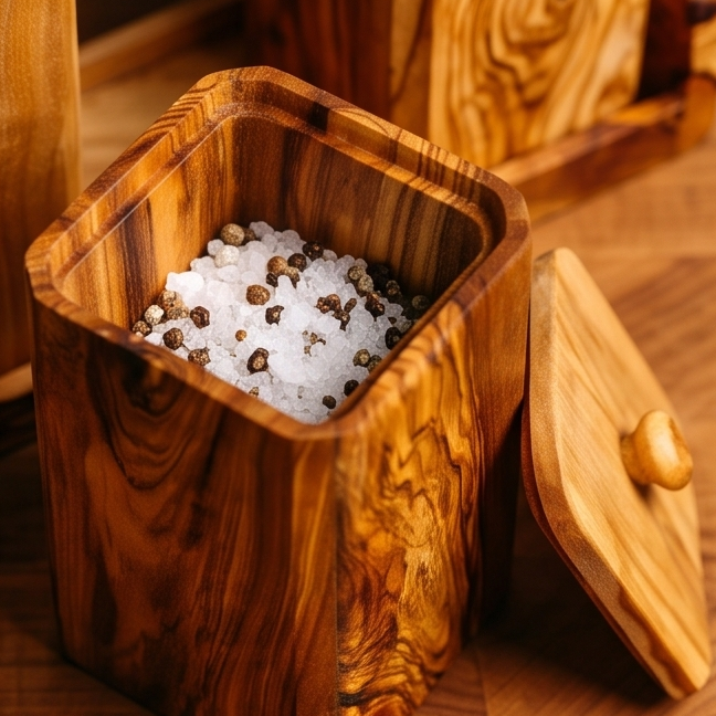 Olive Wood Spice Rack With 8 Containers And Spoons, Hand Crafted Eco Friendly Tea Coffee Sugar Boxes With Lids