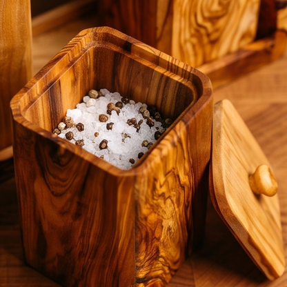 Olive Wood Spice Rack With 8 Containers And Spoons, Hand Crafted Eco Friendly Tea Coffee Sugar Boxes With Lids