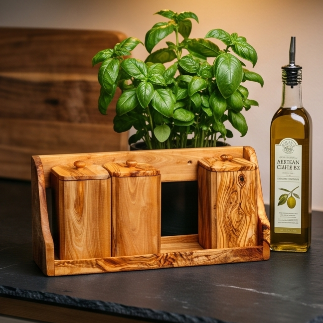 Olive Wood Spice Rack With 8 Containers And Spoons, Hand Crafted Eco Friendly Tea Coffee Sugar Boxes With Lids