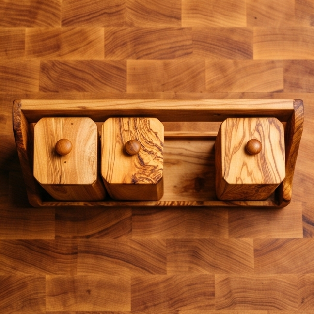 Olive Wood Spice Rack With 8 Containers And Spoons, Hand Crafted Eco Friendly Tea Coffee Sugar Boxes With Lids