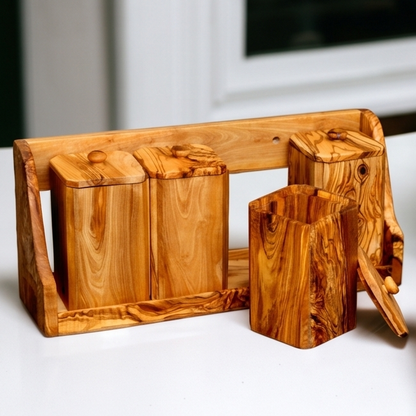 Olive Wood Spice Rack With 8 Containers And Spoons, Hand Crafted Eco Friendly Tea Coffee Sugar Boxes With Lids