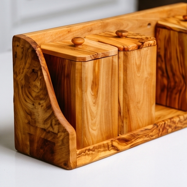 Olive Wood Spice Rack With 8 Containers And Spoons, Hand Crafted Eco Friendly Tea Coffee Sugar Boxes With Lids