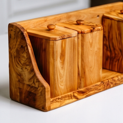 Olive Wood Spice Rack With 8 Containers And Spoons, Hand Crafted Eco Friendly Tea Coffee Sugar Boxes With Lids