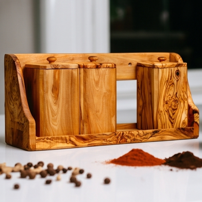 Olive Wood Spice Rack With 8 Containers And Spoons, Hand Crafted Eco Friendly Tea Coffee Sugar Boxes With Lids
