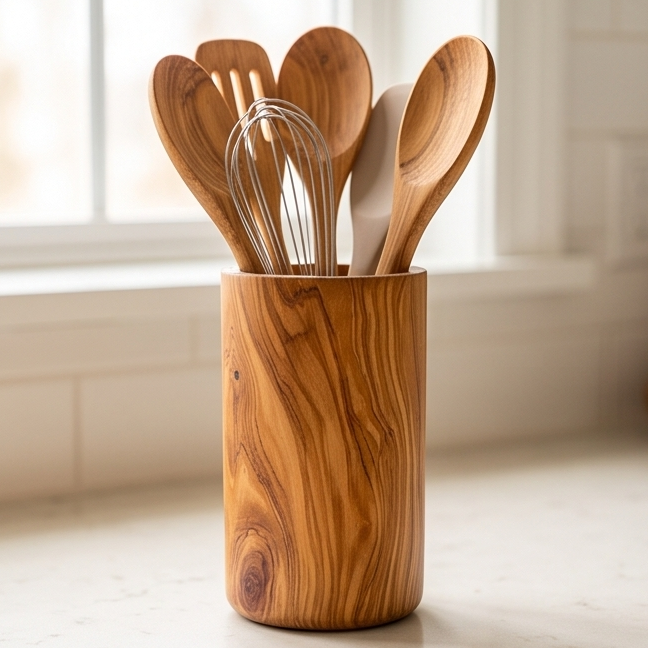 Range-ustensiles en bois d'olivier | Support de spatules et cuillères de cuisine en bois