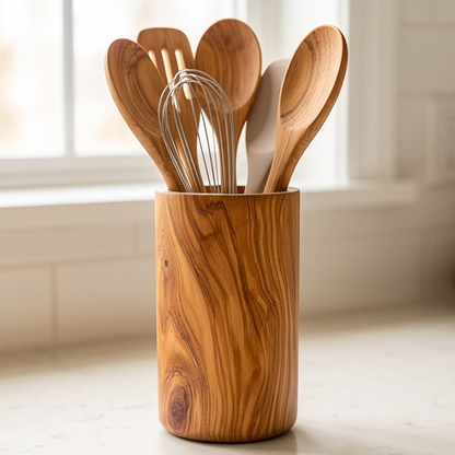 Range-ustensiles en bois d'olivier | Support de spatules et cuillères de cuisine en bois