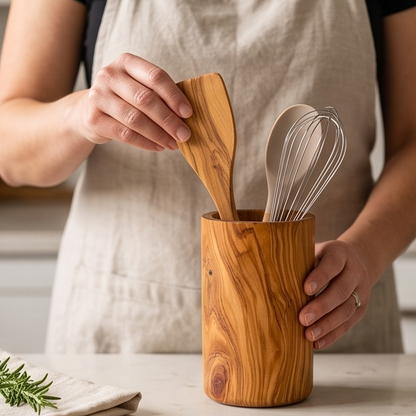 Range-ustensiles en bois d'olivier | Support de spatules et cuillères de cuisine en bois