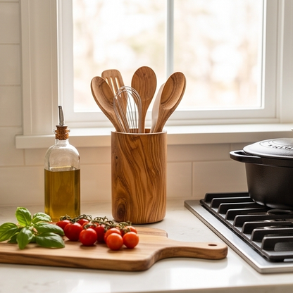 Range-ustensiles en bois d'olivier | Support de spatules et cuillères de cuisine en bois