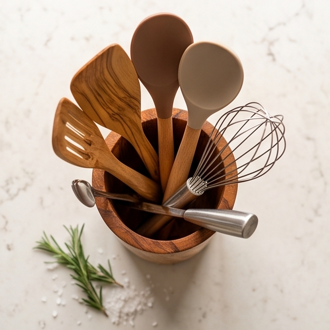 Range-ustensiles en bois d'olivier | Support de spatules et cuillères de cuisine en bois