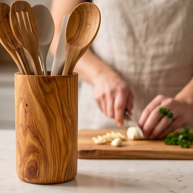 Range-ustensiles en bois d'olivier | Support de spatules et cuillères de cuisine en bois