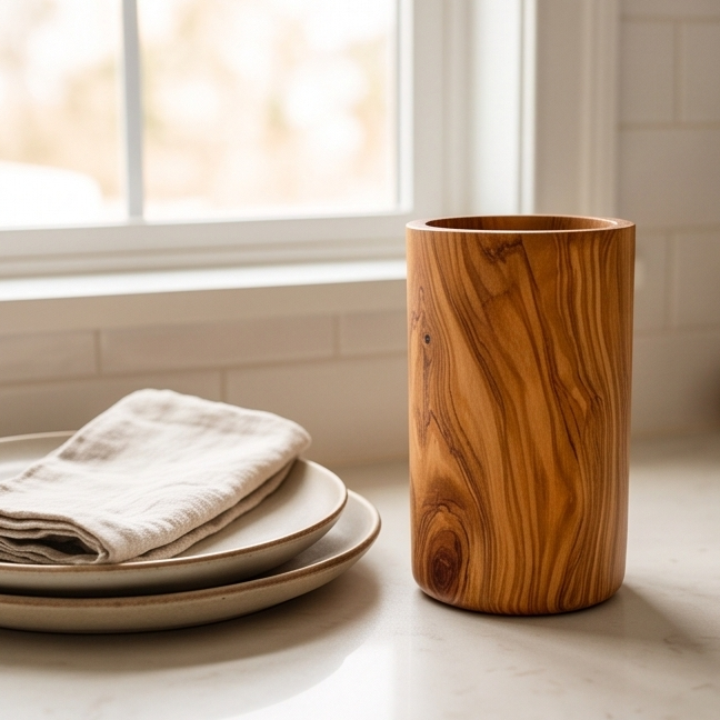 Range-ustensiles en bois d'olivier | Support de spatules et cuillères de cuisine en bois