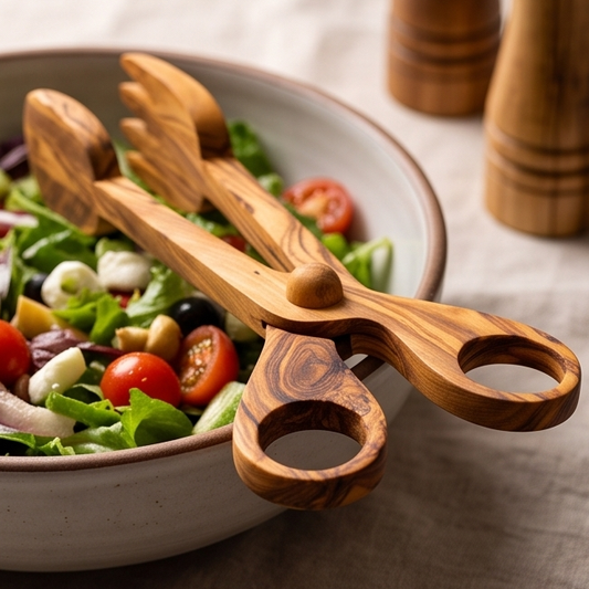 Olive Wood Salad Tongs | Wooden Serving Cooking Scissors Spoon Fork Food Clamps