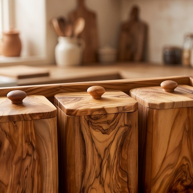 Olive Wood Spice Rack With 8 Containers And Spoons, Hand Crafted Eco Friendly Tea Coffee Sugar Boxes With Lids