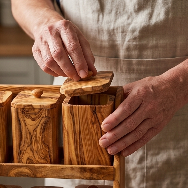 Olive Wood Spice Rack With 8 Containers And Spoons, Hand Crafted Eco Friendly Tea Coffee Sugar Boxes With Lids