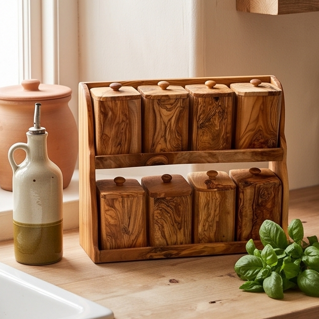 Olive Wood Spice Rack With 8 Containers And Spoons, Hand Crafted Eco Friendly Tea Coffee Sugar Boxes With Lids