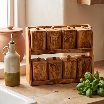 Olive Wood Spice Rack With 8 Containers And Spoons, Hand Crafted Eco Friendly Tea Coffee Sugar Boxes With Lids