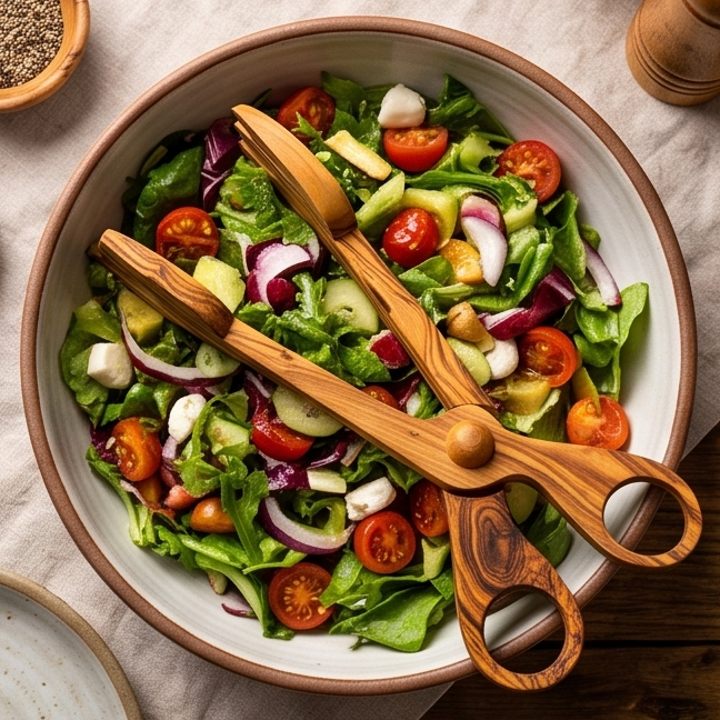 Pinces à salade en bois d'olivier | Ciseaux de service en bois Cuillère Fourchette Pinces alimentaires