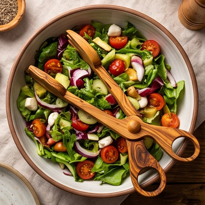 Pinces à salade en bois d'olivier | Ciseaux de service en bois Cuillère Fourchette Pinces alimentaires