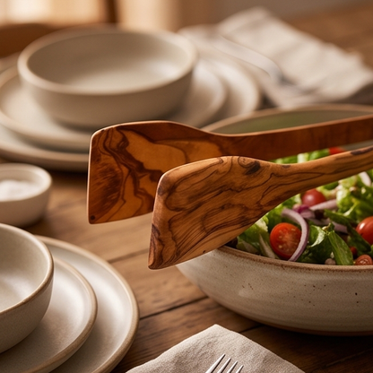 Handcrafted Olive Wood Salad Tongs - Non-Scratch Wooden Food Serving Scissors