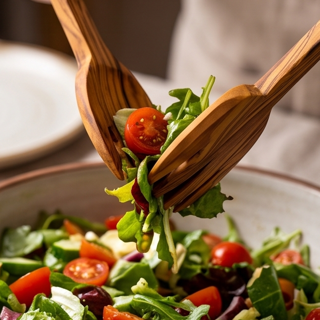 Pinces à salade en bois d'olivier | Ciseaux de service en bois Cuillère Fourchette Pinces alimentaires